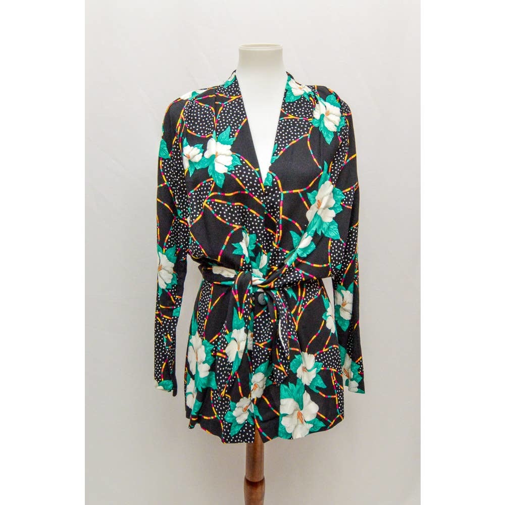 Vintage Sequel blouse top black green L 80s